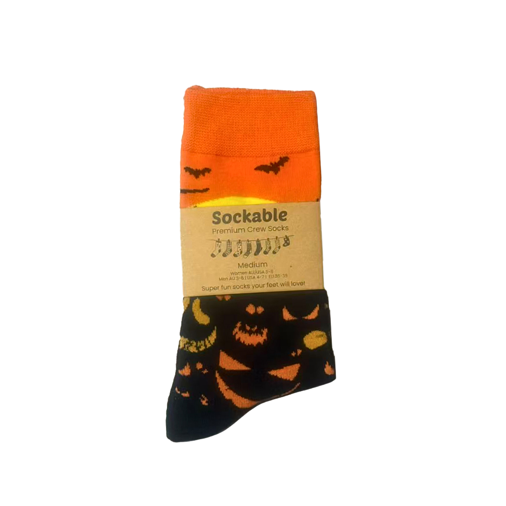 Halloween-themed socks with pumpkins and bats on a white background