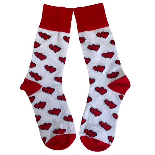 White socks with red heart patterns and cuffs on a white background