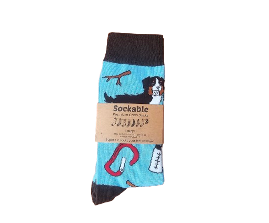 HIking dogs socks with recycled card label ready for gifting or fundraising.
