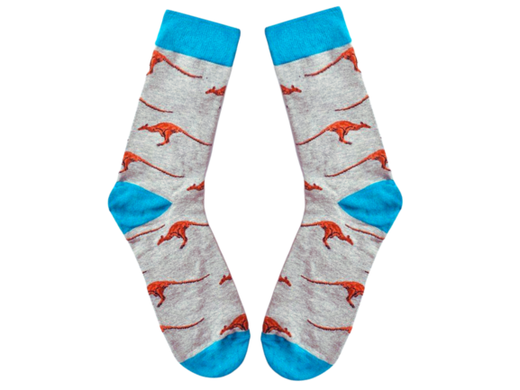 Gray socks with kangaroo pattern and blue cuffs and toes on a white background