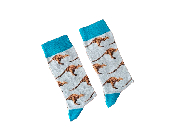 Pair of socks with kangaroo pattern and blue cuffs and toes on a white background