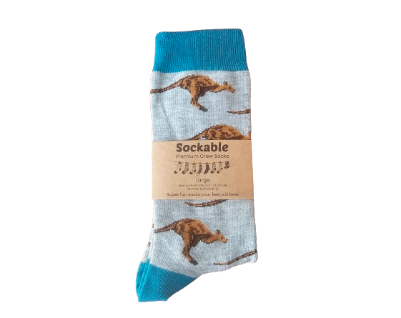 Sockable sock with kangaroo pattern on a grey background
