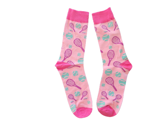 Pink socks with tennis rackets and tennis balls
