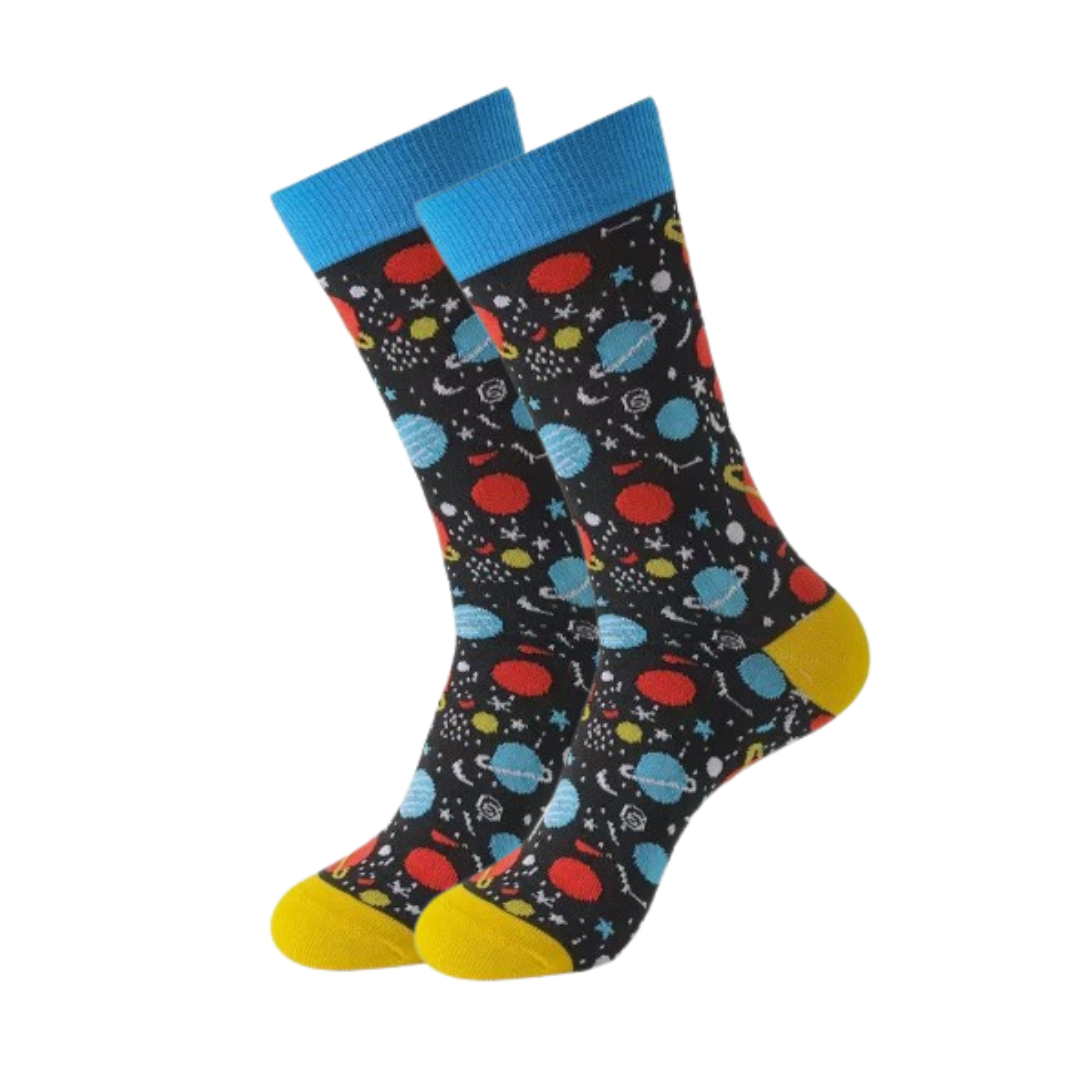 Dark socks with colorful trim with design of planets and stars on sock mannequin