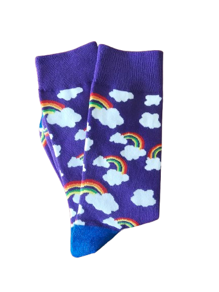 Purple rainbow socks folded in half.