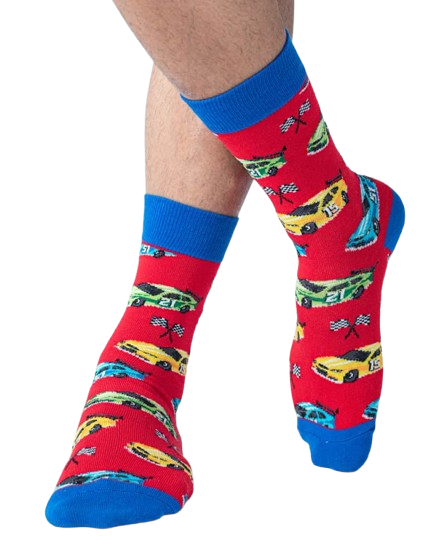 Red and blue race car socks worn by model