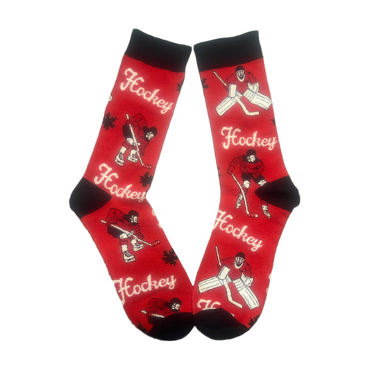 Red socks with hockey-themed design on a white background