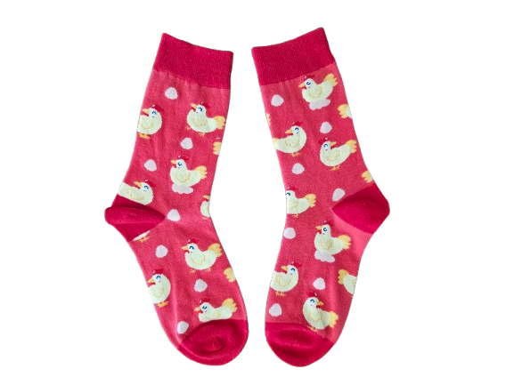 Red socks with chicken and egg design laid flat
