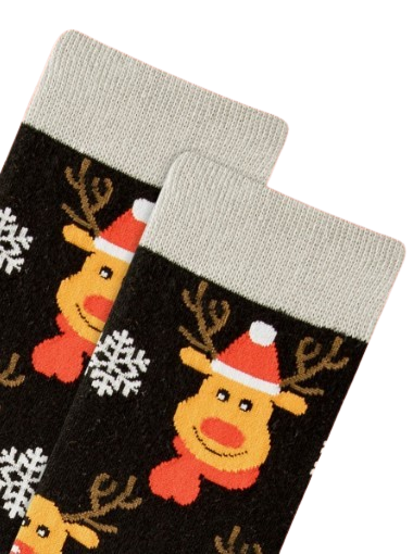 Pair of socks with reindeer design on a black background