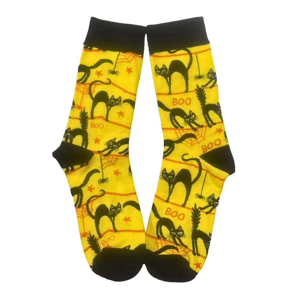 Pair of socks with black cat and 'BOO' pattern on yellow background