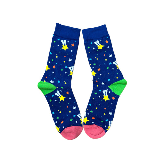 Pair of blue socks with colorful star pattern on a white background