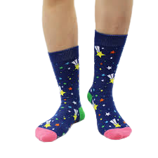 Navy blue socks with colorful shooting star patterns worn by a person on a white background