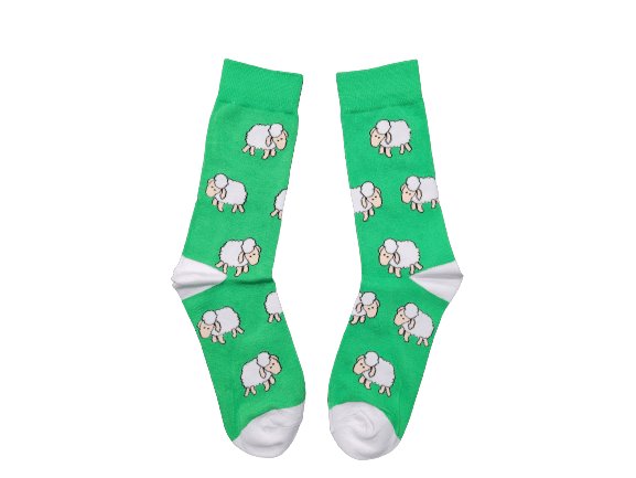 Green sheep socks laid flat on a white background