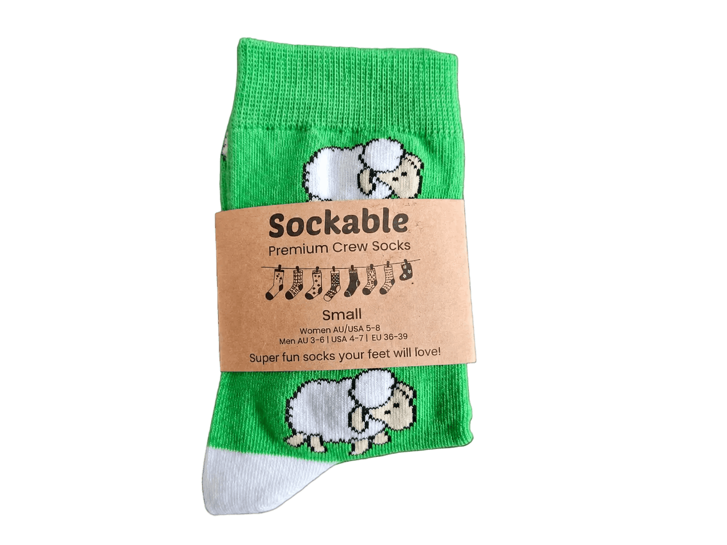 A pair of bright green crew socks with white and beige sheep illustrations and a brown paper band labeled 'Sockable Premium Crew Socks' on a black background.