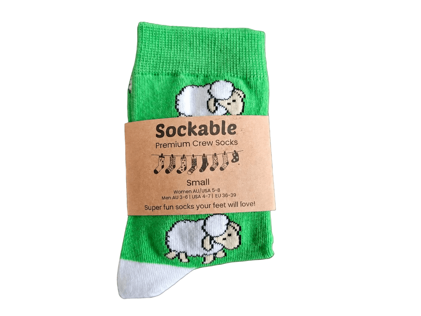 A pair of bright green crew socks with white and beige sheep illustrations and a brown paper band labeled 'Sockable Premium Crew Socks' on a black background.