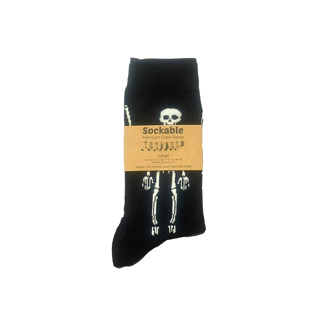 Black sock with white skeleton design and 'Sockable' label on a white background
