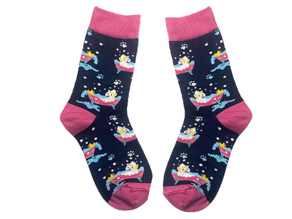 Pair of socks with cats in a bubble bath 