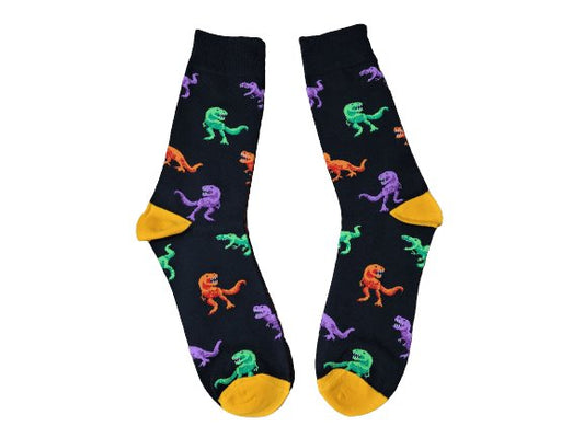 Black crew socks with colorful T-Rex dinosaur print and yellow toe