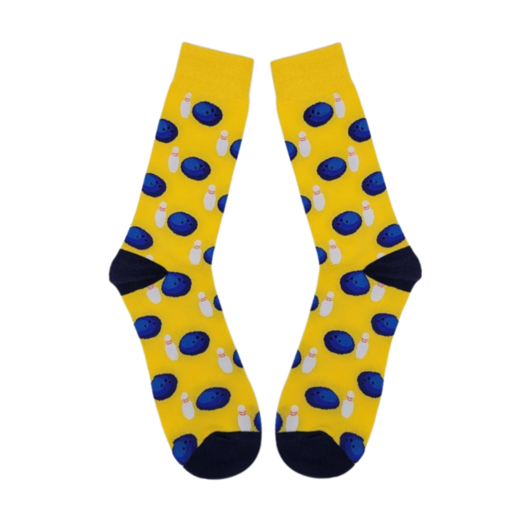 Pair of yellow socks with bowling pin pattern 