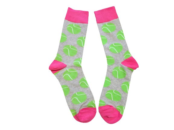 Grey socks with tennis ball print and pink accents