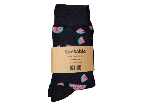 Watermelon slice socks with recycled card label ready for gifting or fundraising