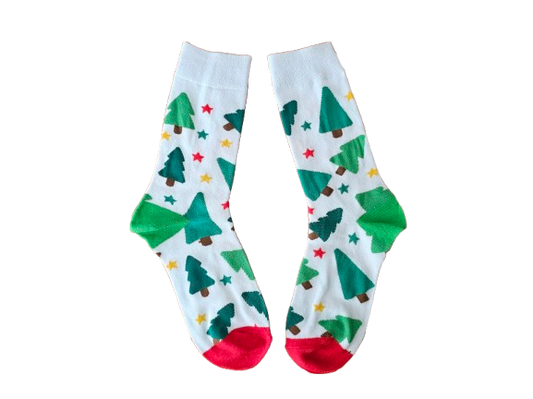 Pair of socks with Christmas tree pattern on a white background