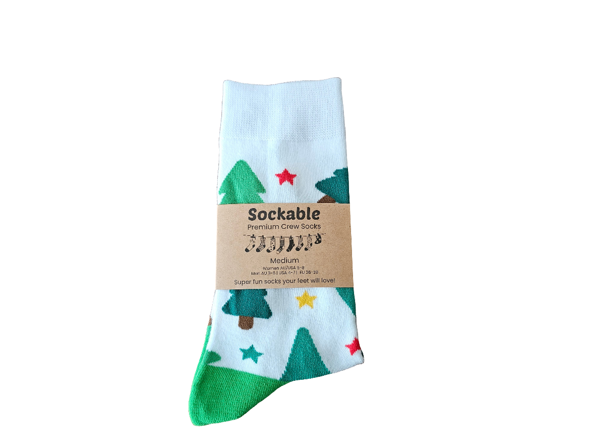 Sockable premium crew socks with a label on a white background