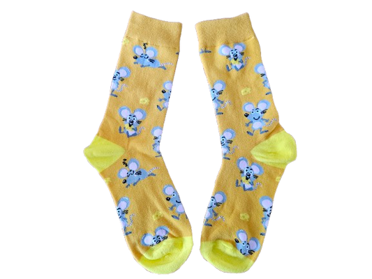 Yellow socks with a fun mouse print laid flat
