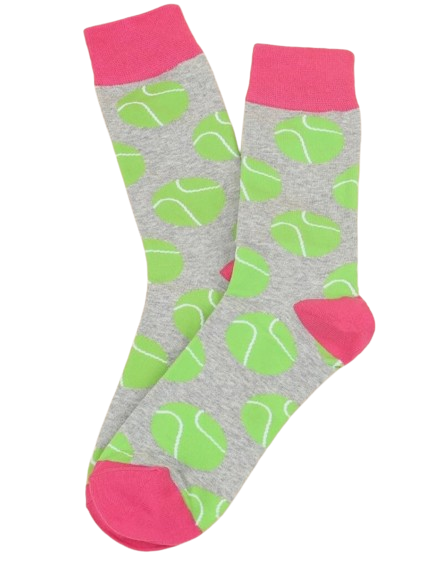 Gray socks with green tennis ball pattern and pink accents on a white background