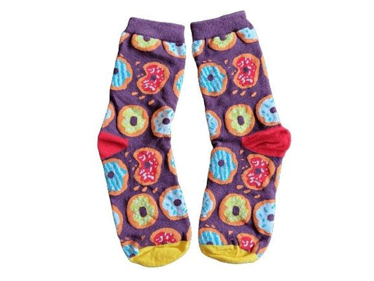 Colorful donut-patterned socks on a white background