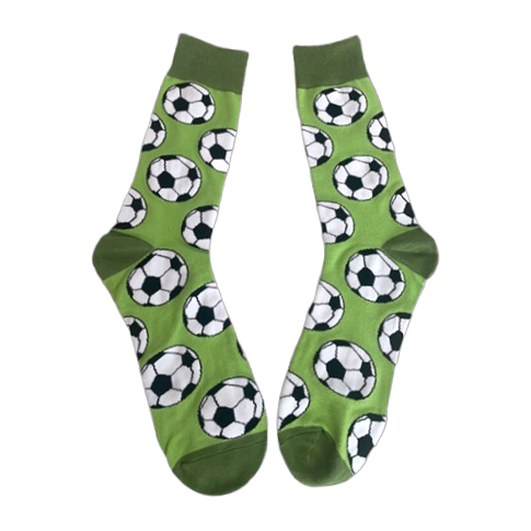 Green socks with soccer ball pattern on a white background