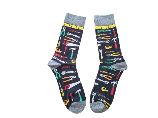 Black crew socks with colorful tools like hammers, saws, and wrenches